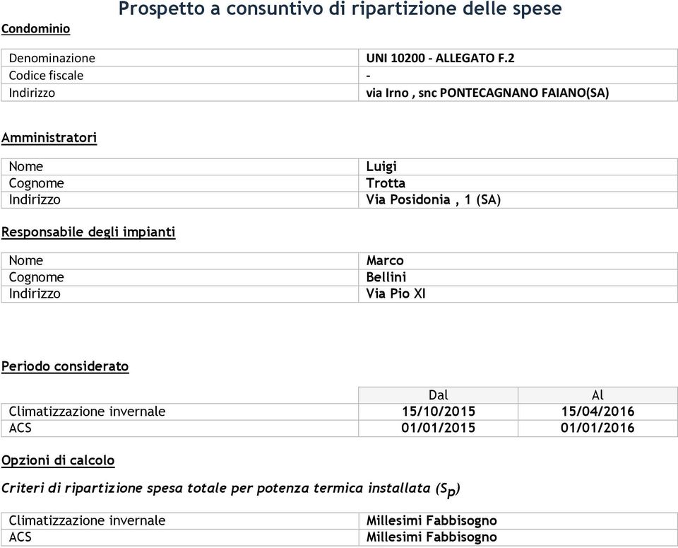 impianti Marco Bellini Via Pio XI Periodo considerato Dal Al Climatizzazione invernale 15/10/2015 15/04/2016 ACS 01/01/2015