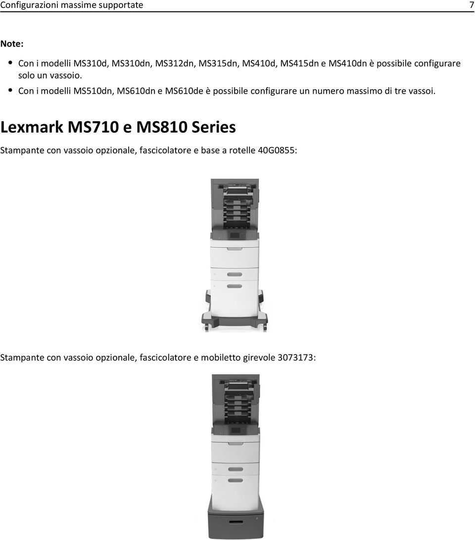 Con i modelli MS510dn, MS610dn e MS610de è possibile configurare un numero massimo di tre vassoi.