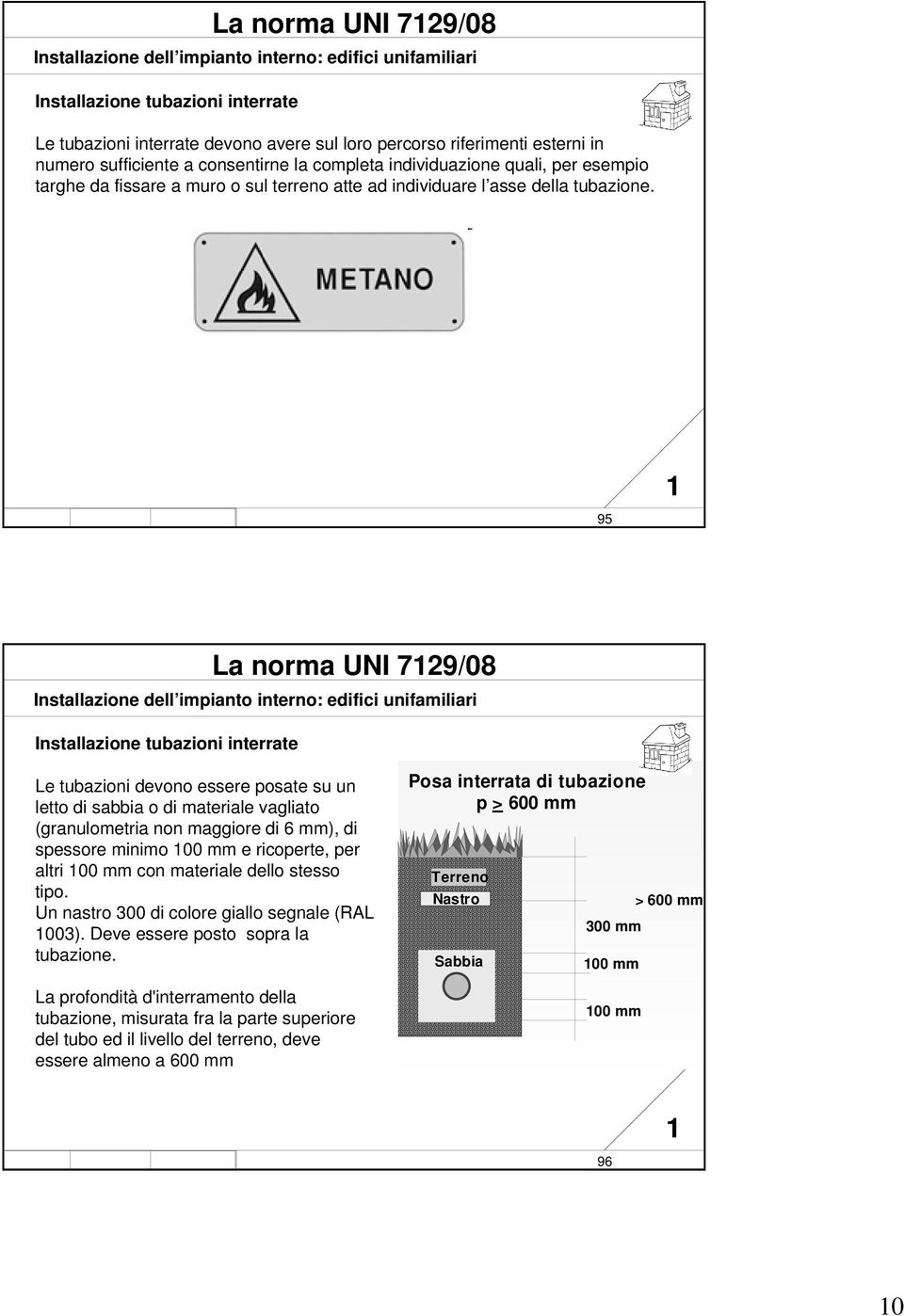 it R08 95 95 La norma UNI 729/08 Installazione tubazioni interrate Le tubazioni devono essere posate su un letto di sabbia o di materiale vagliato (granulometria non maggiore di 6 mm), di spessore