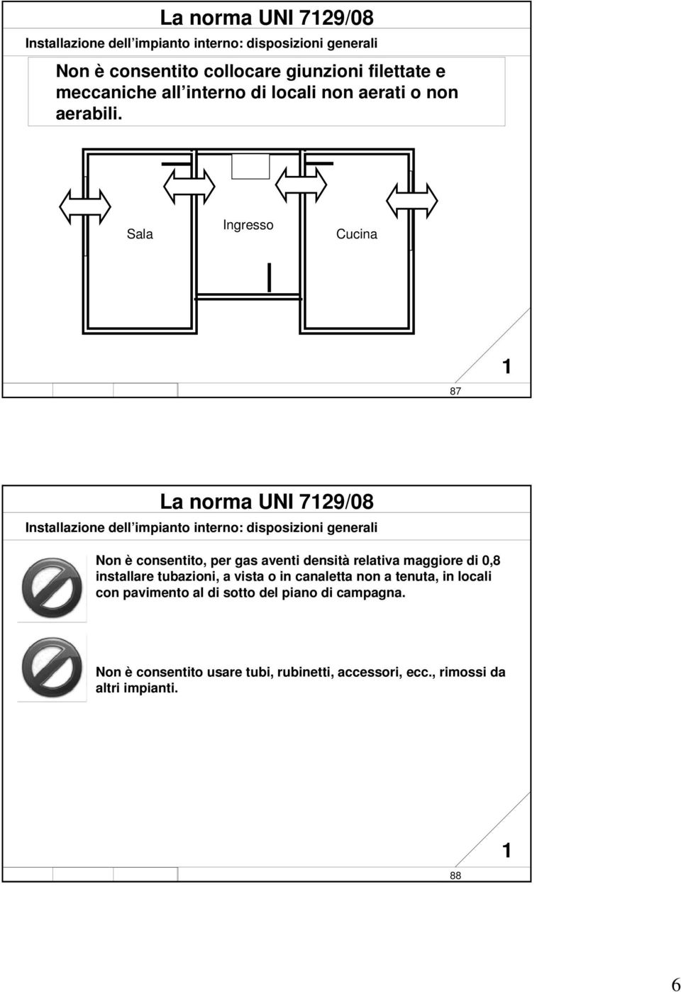 it R08 87 87 La norma UNI 729/08 Installazione dell impianto interno: disposizioni generali Non è consentito, per gas aventi densità relativa maggiore di