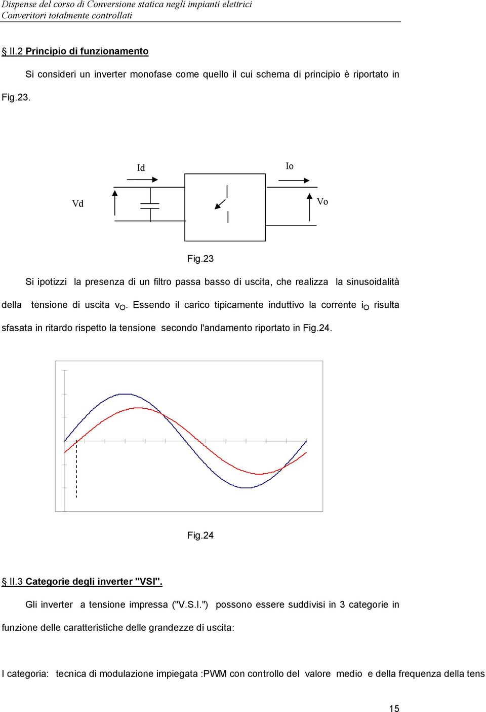 Essendo il carico tipicamente induttivo la corrente i O risulta sfasata in ritardo rispetto la tensione secondo l'andamento riportato in Fig.24. Fig.24 II.