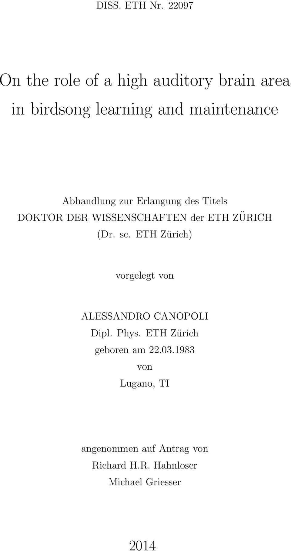 Abhandlung zur Erlangung des Titels DOKTOR DER WISSENSCHAFTEN der ETH ZÜRICH (Dr. sc.