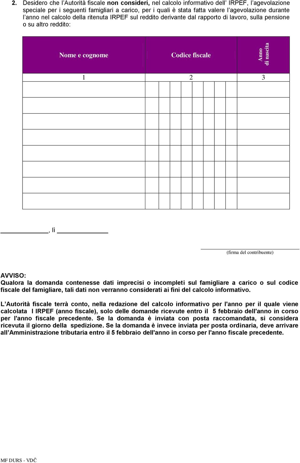 l anno nel calcolo della ritenuta IRPEF sul reddito derivante dal rapporto di lavoro, sulla pensione o su altro reddito: Nome e cognome Codice fiscale 1 2 3, lì (firma del contribuente) AVVISO: