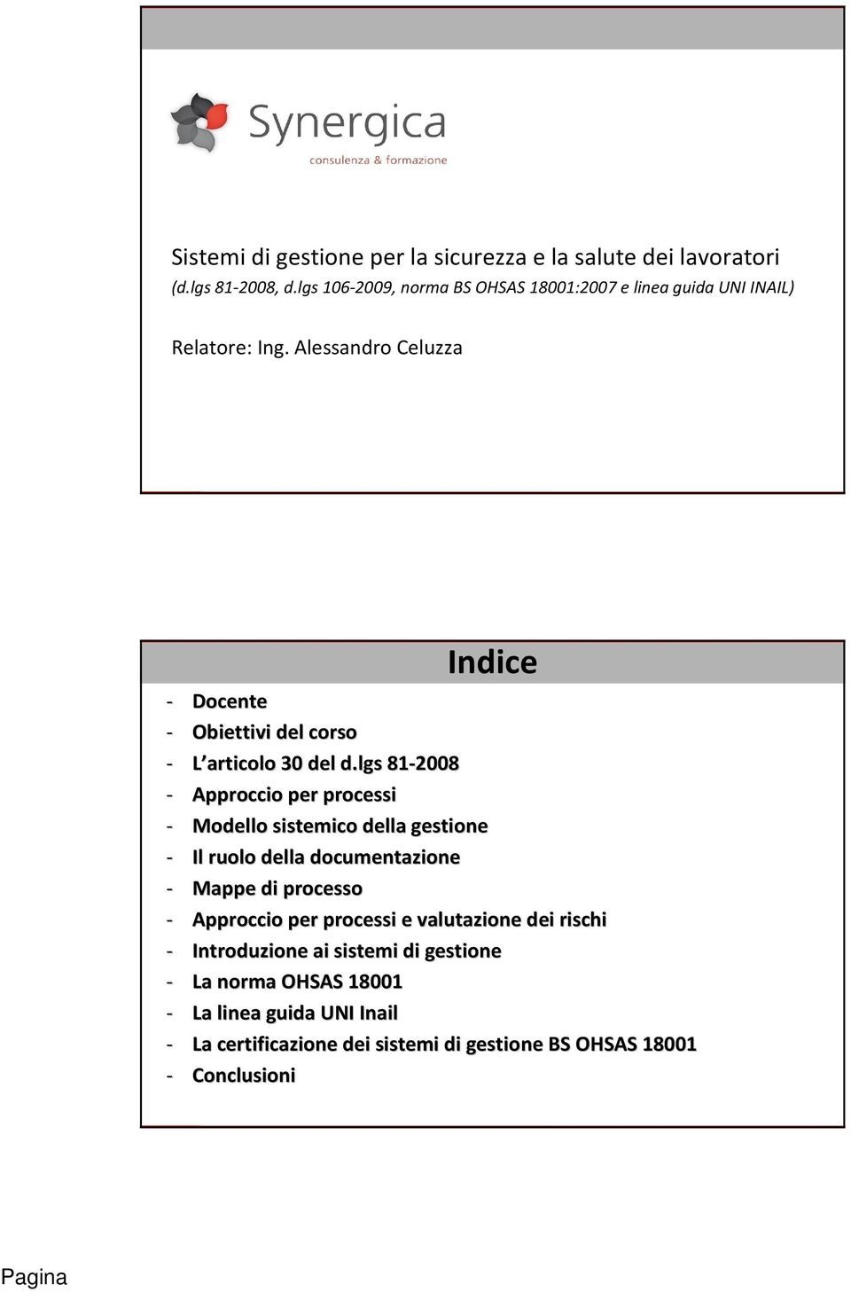 Alessandro Celuzza Indice - Docente - Obiettivi del corso - L articolo 30 del d.