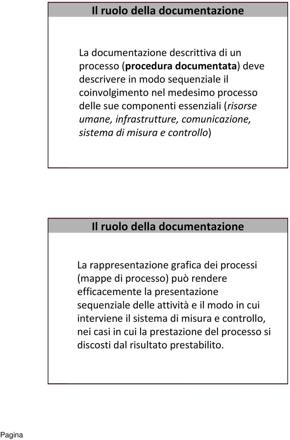 Il ruolo della documentazione La rappresentazione grafica dei processi (mappe di processo) può rendere efficacemente la presentazione sequenziale