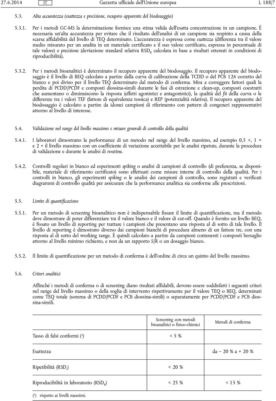 L'accuratezza è espressa come esattezza (differenza tra il valore medio misurato per un analita in un materiale certificato e il suo valore certificato, espressa in percentuale di tale valore) e