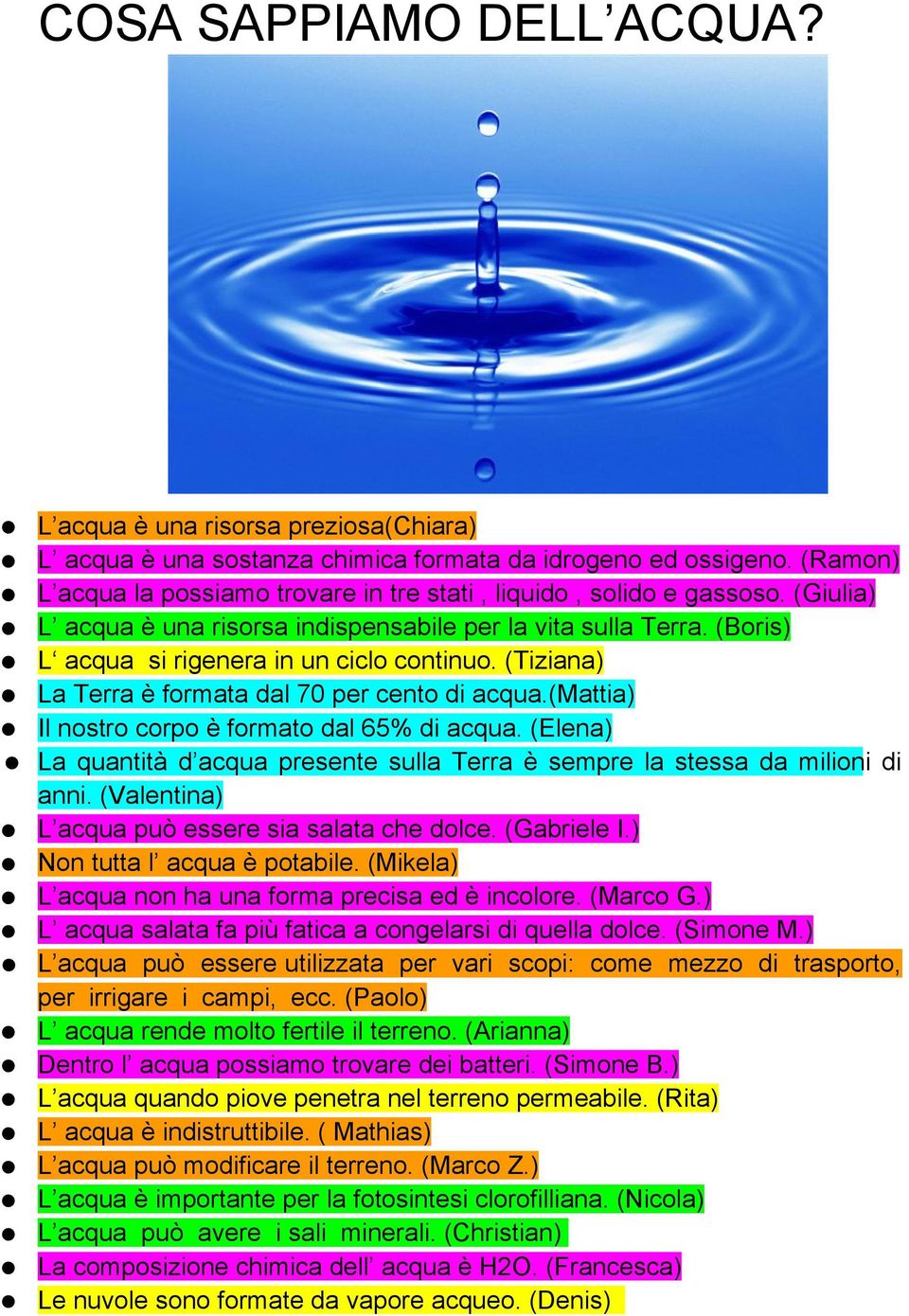 (Tiziana) La Terra è formata dal 70 per cento di acqua.(mattia) Il nostro corpo è formato dal 65% di acqua. (Elena) La quantità d acqua presente sulla Terra è sempre la stessa da milioni di anni.