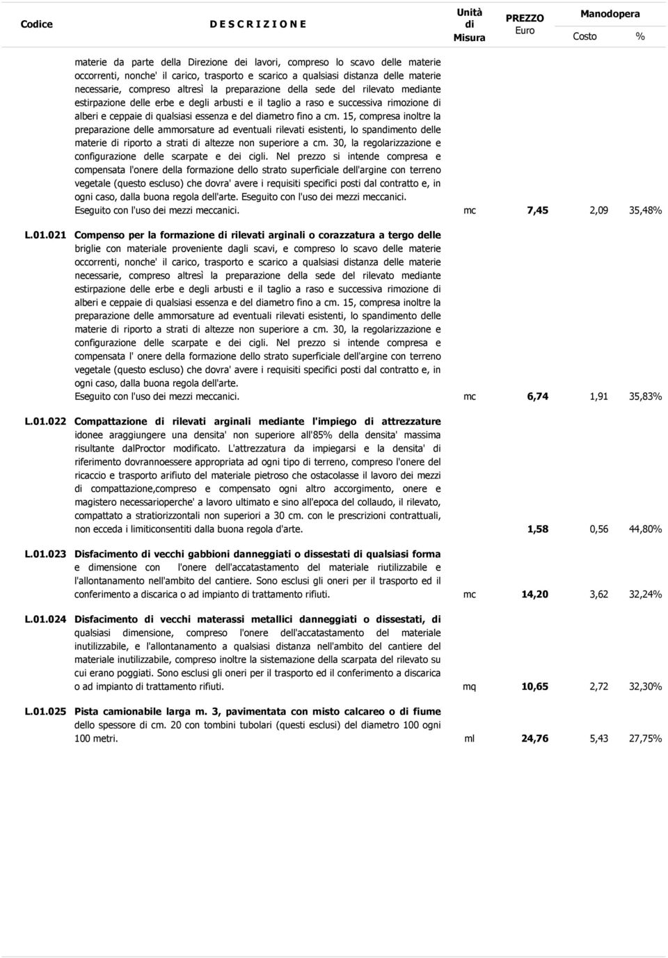 15, compresa inoltre la preparazione delle ammorsature ad eventuali rilevati esistenti, lo spanmento delle materie riporto a strati altezze non superiore a cm.