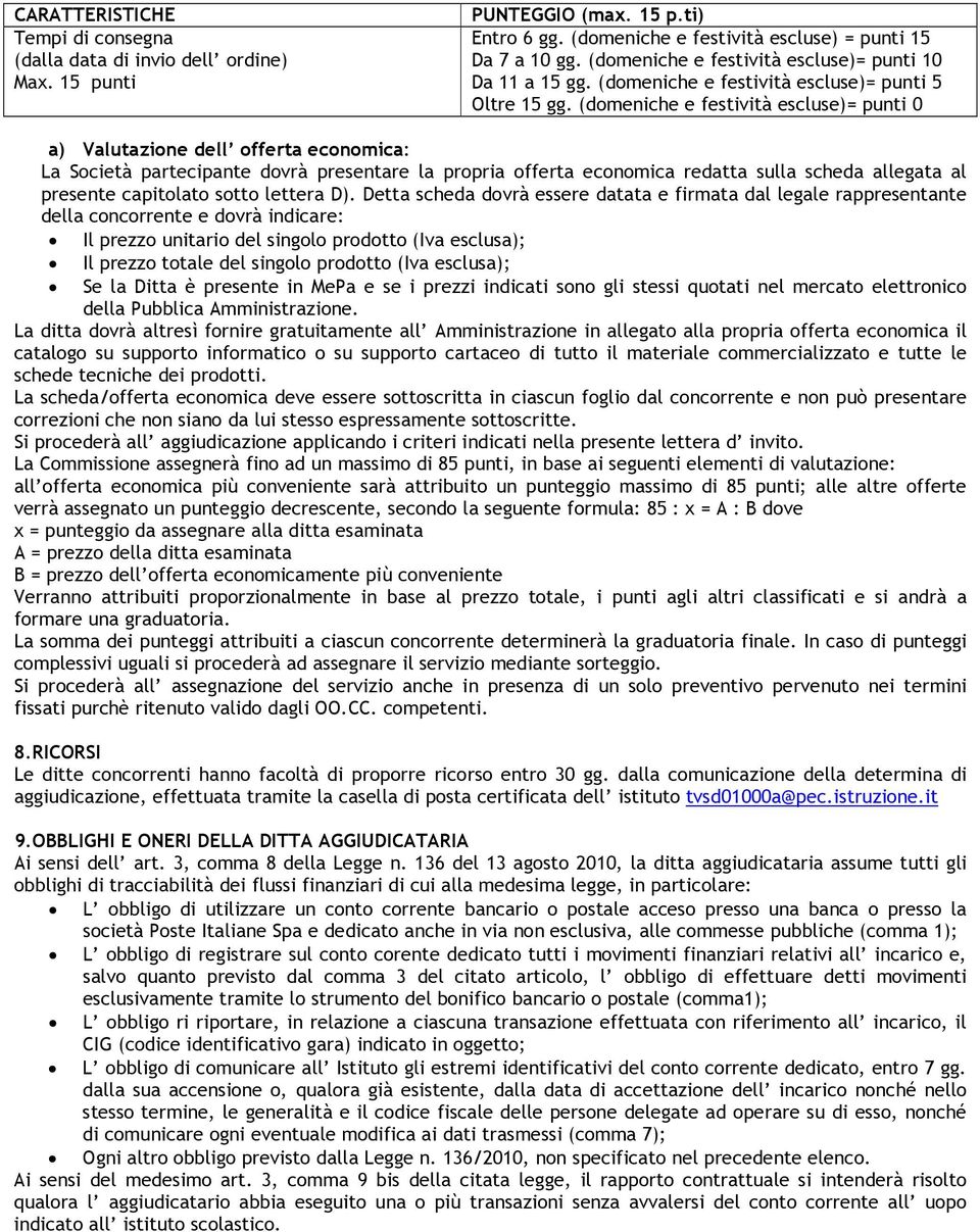 (domeniche e festività escluse)= punti 0 a) Valutazione dell offerta economica: La Società partecipante dovrà presentare la propria offerta economica redatta sulla scheda allegata al presente