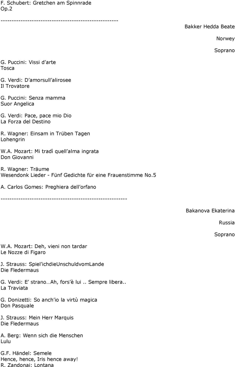 Wagner: Träume Wesendonk Lieder - Fünf Gedichte für eine Frauenstimme No.5 A. Carlos Gomes: Preghiera dell orfano --- Bakanova Ekaterina Russia W.A. Mozart: Deh, vieni non tardar Le Nozze di Figaro J.