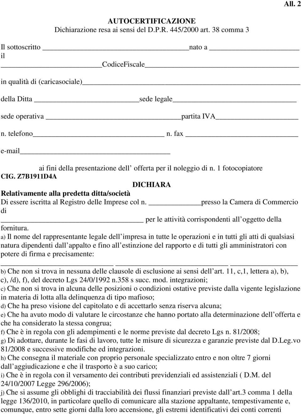 fax e-mail ai fini della presentazione dell offerta per il noleggio di n. 1 fotocopiatore CIG.