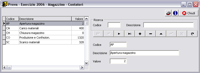 8 Geowin - Magazzino 1.3 Archivi 1.3.1 Contatori Finestra dedicata all'inserimento, modifica e cancellazione dei contatori utilizzati per numerare i movimenti di magazzino.