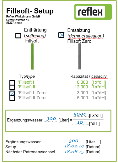 Informazioni prodotto o demineralizzazione acqua 8 Esempio di descrizione dell'etichetta Fillsoft Setup Abbildung 8 Fillsoft Setup für Fillsoft I Zero Tabella per vari valori di durezza acqua dh
