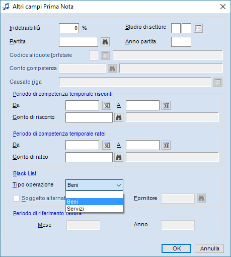 Registrazioni a prima nota Fatture In fase di registrazione a prima nota, nella maschera Altri campi di prima nota compilare la sezione Black list Tipo operazione.