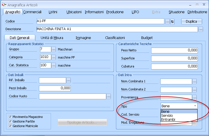 Menù Magazzino - Gestione - Articoli La distinzione richiesta dal modello tra Bene o Servizio viene guidata dall anagrafica articoli utilizzando il combo presente nei Dati Intra ; Risulta quindi