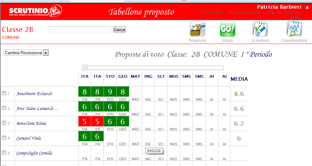 4. Il Coordinatore di classe 4.1. Tabellone dei voti proposti Il Coordinatore può accedere al Tabellone proposto della classe nel quale vedrà le proposte di voto di tutte le materie.