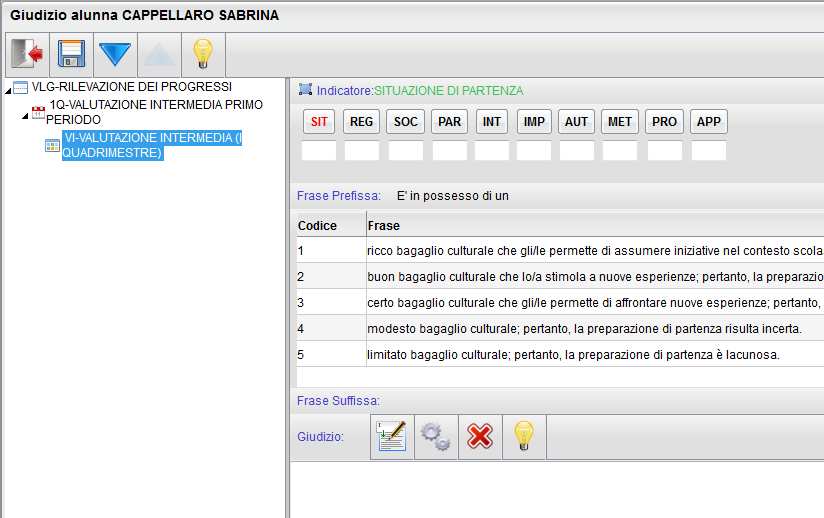 Giudizio complessivo: Per inserire il giudizio complessivo del quadrimestre il coordinatore di classe seleziona la seconda icona dell'area Scrutini, sceglie la classe e seleziona il Riquadro ed il