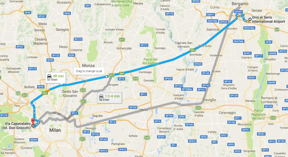 How to reach Don Gnocchi Foundation from BERGAMO ORIO AL SERIO AIRPORT (BGY) IRCCS "S. Maria Nascente Center is placed in Milan, in Via Alfonso Capecelatro, 66, 20148 Milano.