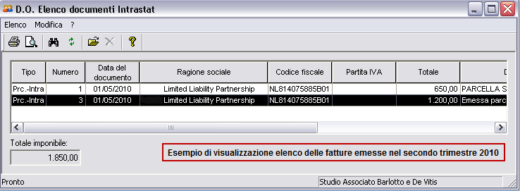 1 Tipo di elenco: si visualizzeranno solo i documenti relativi alle fatture emesse, identificate come Parcella Intrastat.