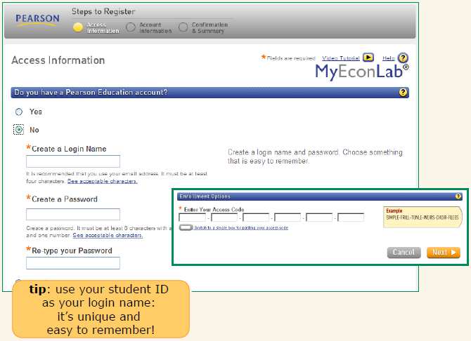 8. On the Access Information page, you will be asked if you have a Pearson Education account.