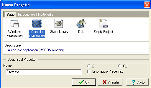 Ci occuperemo di applicazioni console, cioè che utilizzano come standard input e standard output una finestra MS-DOS. Fig. 3.