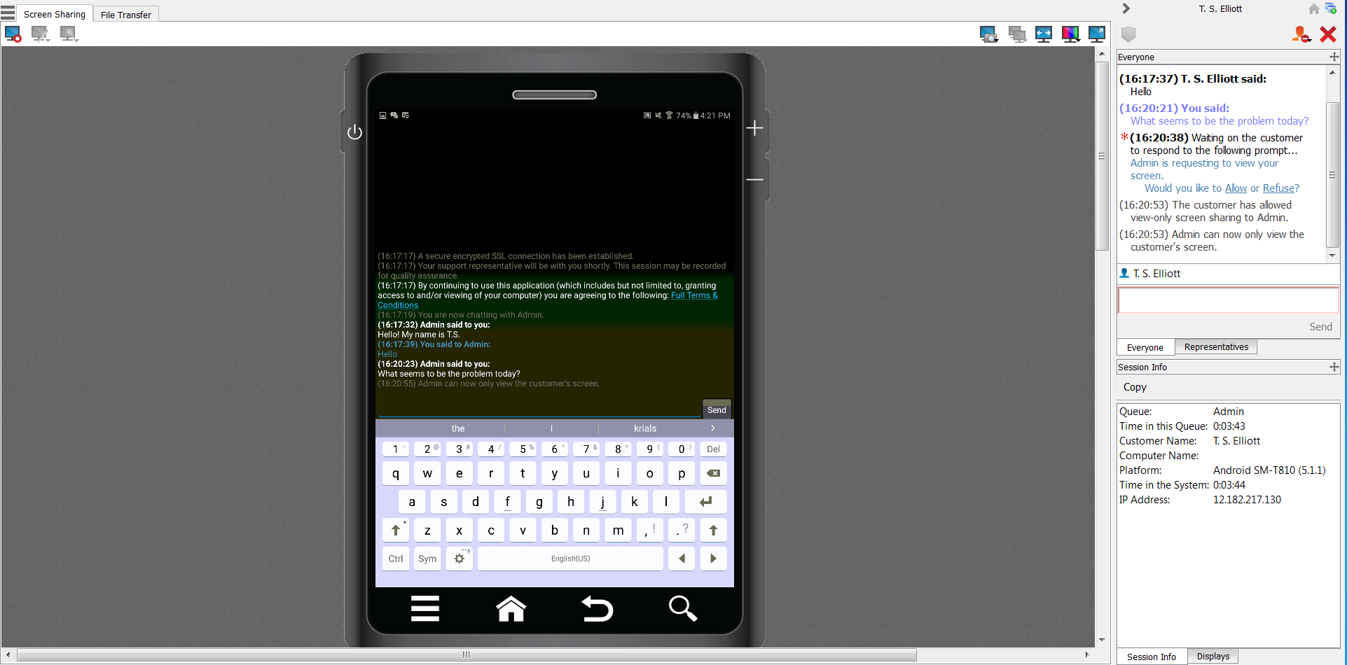 Chattare con l utente Android durante una sessione di supporto tecnico Connect Durante una sessione di supporto tecnico, il cliente e il tecnico di supporto possono chattare.