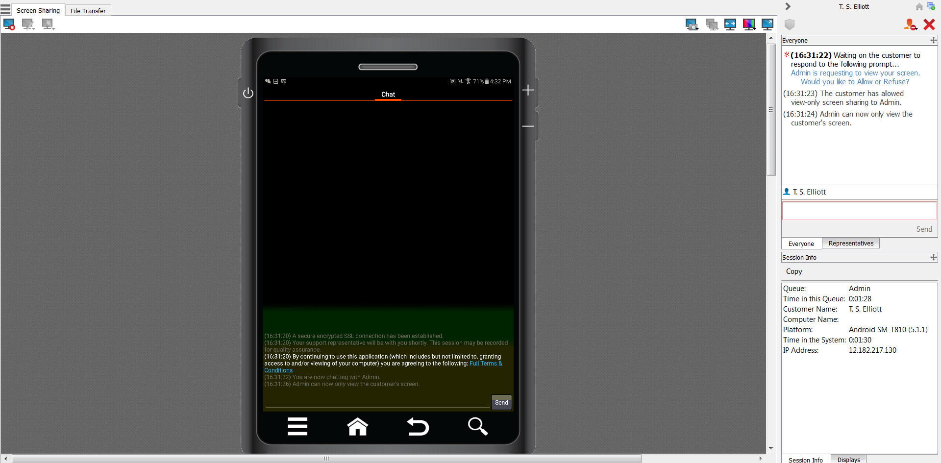 Condivisione schermo con il dispositivo Android durante la sessione di supporto tecnico Connect Nella finestra della sessione, fare clic sul pulsante Condivisione schermo per chiedere di visualizzare