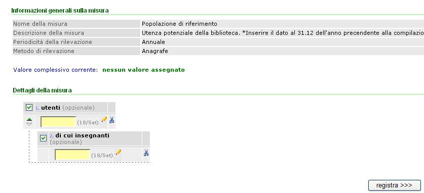 Cliccando sulla matita si apre la pagina del s/w nella quale vengono registrati i valori richiesti corrispondenti alla misura selezionata.