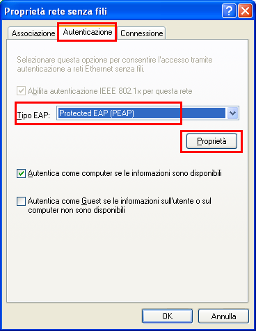 Compilare la scheda Autenticazione indicando i seguenti parametri