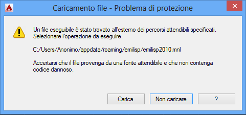 Questo errore può verificarsi in uno dei seguenti casi: quando si tenta l'installazione di EmiLISP Free su una versione di AutoCAD/BricsCAD non compatibile; quando si installa, prima EmiLISP Free e