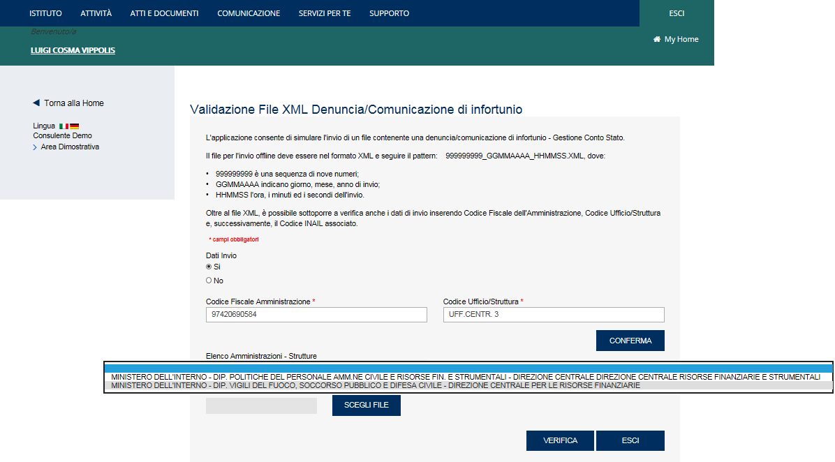 Fig. 11. Selezionato quindi l Ufficio/Struttura, ne vengono visualizzati i dati riassuntivi (vedi immagine sottostante).