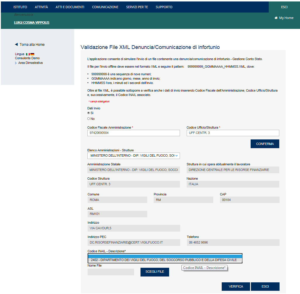 Fig. 12. Per caricare il file XML dal proprio computer, si utilizza il pulsante SCEGLI FILE.