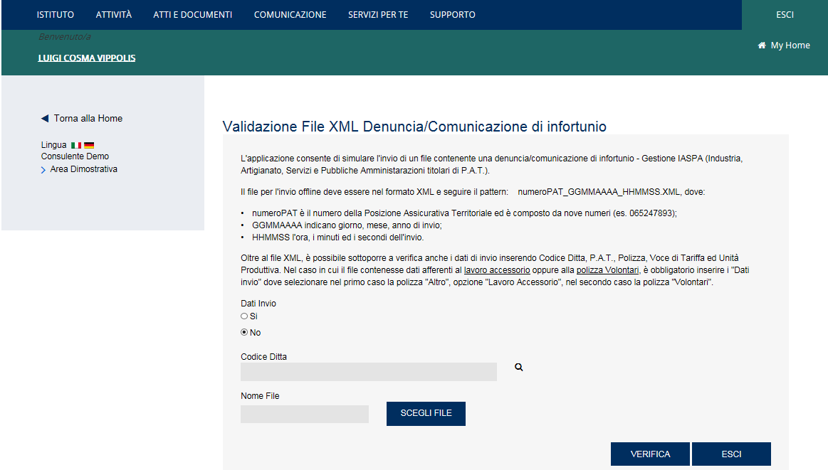 Validazione file XML per gestione IASPA Selezionata la gestione IASPA, l applicazione propone la pagina che prevede il controllo e la verifica del file XML solo per gli infortuni occorsi ai