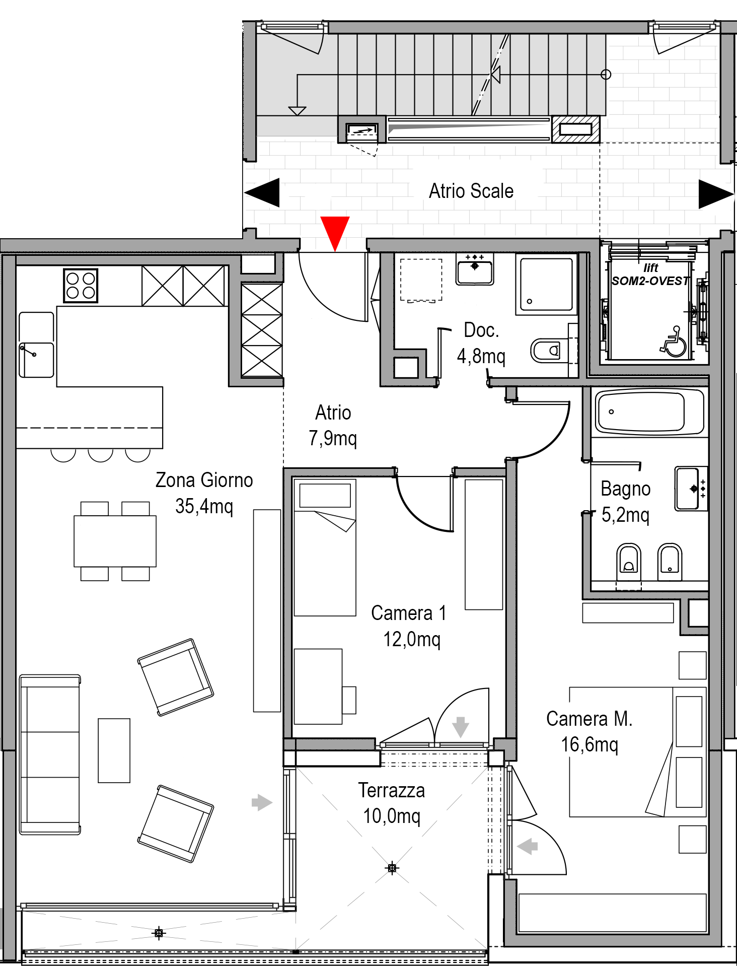 Appartamento 8 3 1/2 Locali - Primo piano Superfici calpestabili Atrio 7,9 mq Zona giorno 35,4 mq Camera matrimoniale 16,6 mq Camera 1 12,0 mq Bagno 5,2 mq Doccia 4,8 mq Terrazza 10,0 mq 92,5 mq