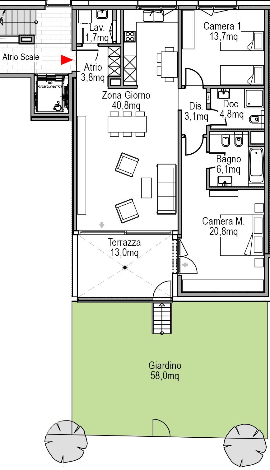 Appartamento 3 3 1/2 Locali - Piano terra Superfici calpestabili Atrio 3,8 mq Zona giorno 40,8 mq Lavanderia 1,7 mq Disimpegno 3,1 mq Camera matrimoniale 20,8 mq Camera 1 13,7 mq Bagno 6,1 mq Doccia