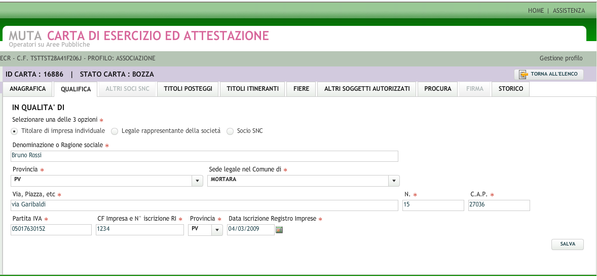 4.2 Nuova Carta Esercizio (Scheda QUALIFICA ) Nel caso che i dati non provengano da Parix è necessario compilare manualmente la scheda Qualifica di figura 4.2.1 e procedere al salvataggio col tasto Salva.