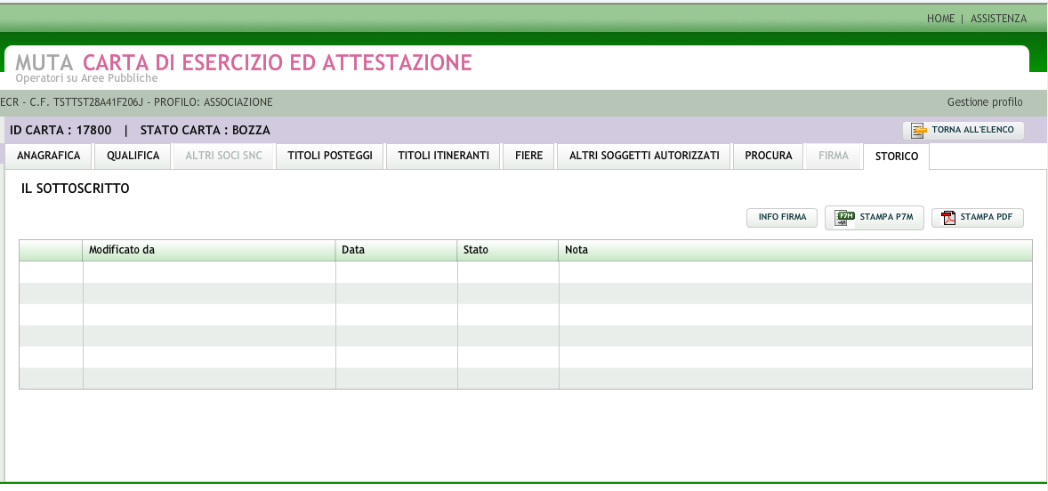 4.10 Nuova Carta Esercizio (Scheda STORICO ) La sezione STORICO riporta l elenco di tutte le modifiche apportate ai titoli della carta esercizio.