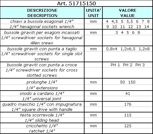 In cassetta di materiale plastico mm 200 x 120 x 38. Con cricchetto reversibile di precisione. Set of 11 hexagonal socket wrenches and 7 accessories 1/4". Forged and tempered steel 31 Cr V 3, No 1.