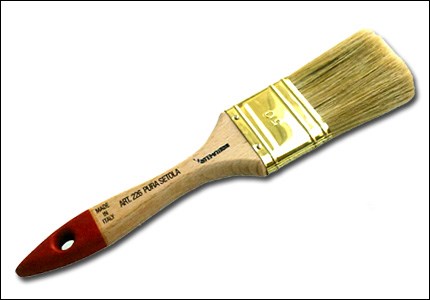 Industrial duty throttled paintbrush made of epoxidic mastic in white bristle, with wooden handle and nickel ring.