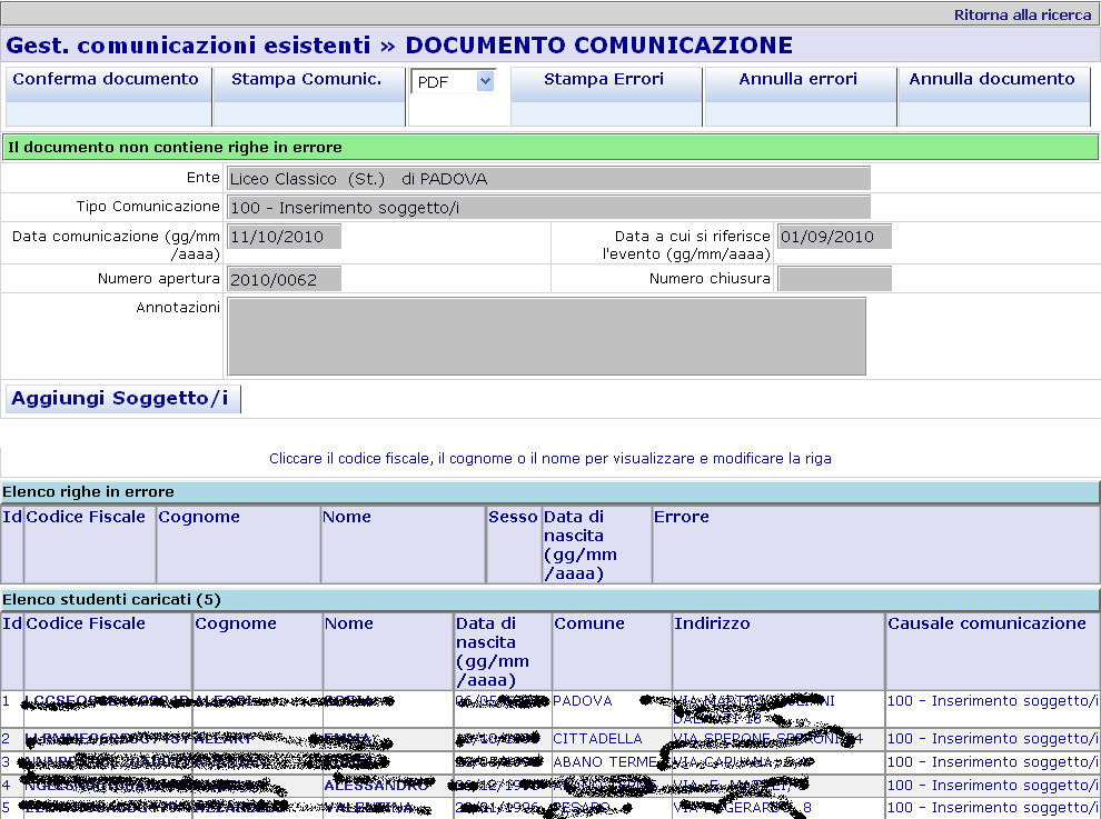 Dalla Ricerca Classi/Sezioni si clicca sulla sezione scelta che verrà così assegnata agli studenti su cui si è effettuata la spunta andando a completare