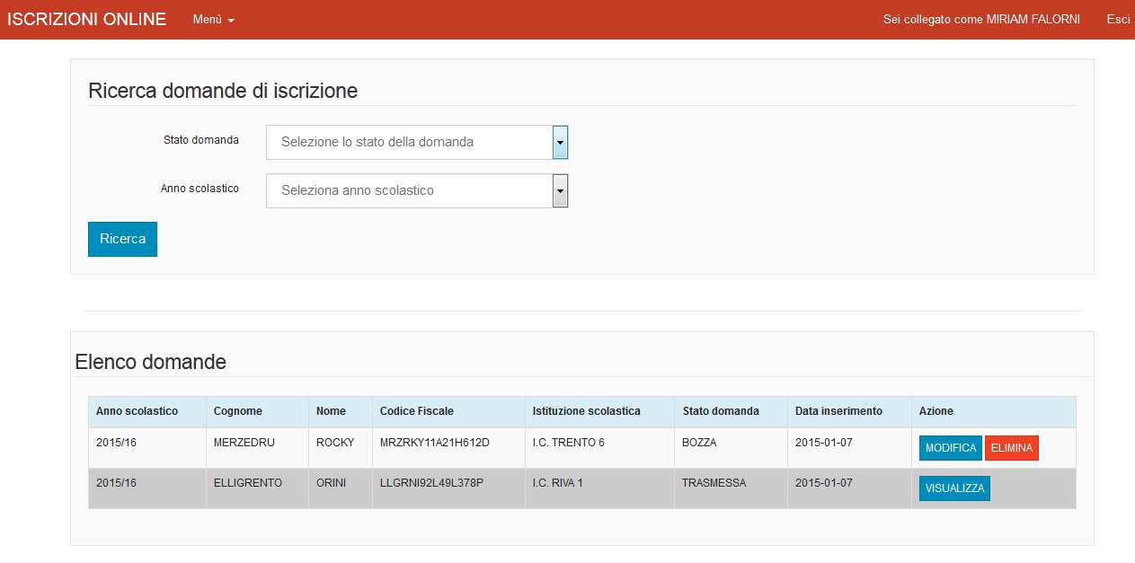 CONFERMA TRASMISSIONE DELLA DOMANDA: RICERCA DOMANDE INSERITE DAL RICHIEDENTE: Premendo il pulsante ricerca, appare l elenco di tutte le domande di iscrizione inserite dal richiedente.
