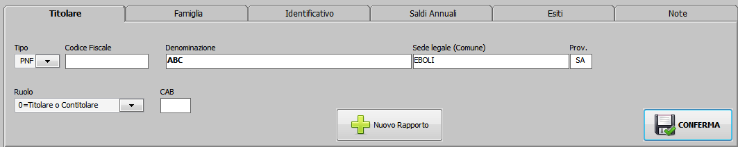 Anagrafe Rapporti E' la sezione del programma in cui inserire e aggiornare i rapporti e le operazioni da comunicare all'agenzia delle Entrate.