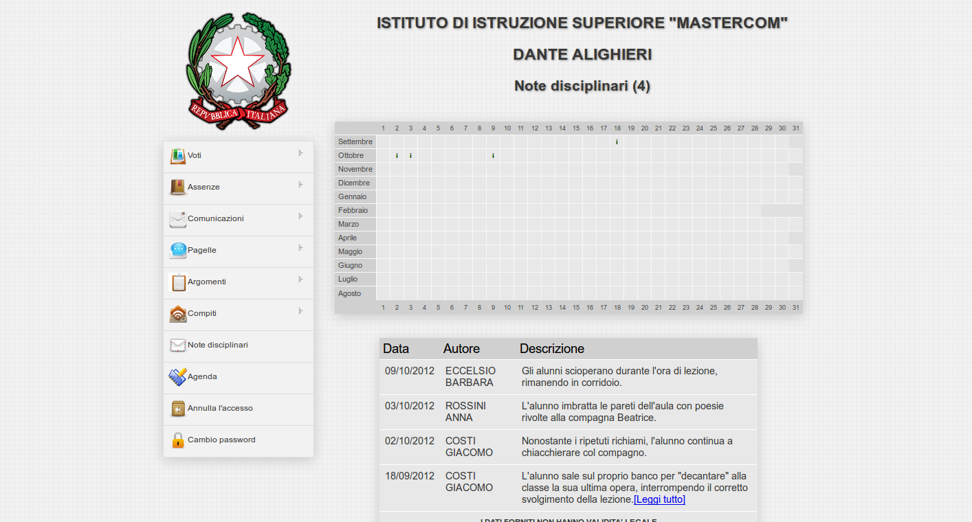 Note disciplinari Attraverso questa sezione sarà possibile visionare eventuali note disciplinari assegnate al proprio figlio.