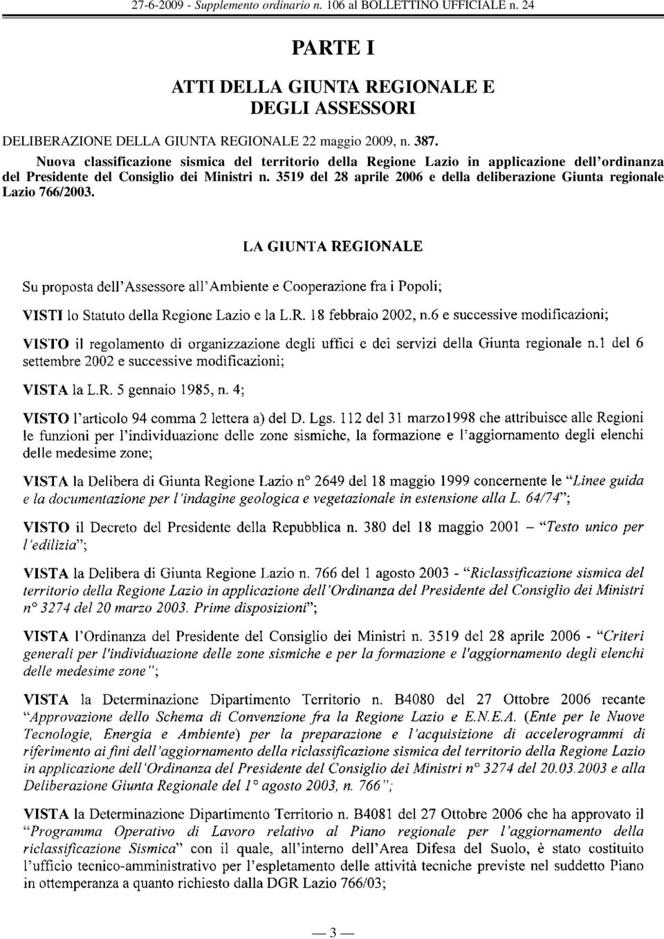 Nuova classificazione sismica del territorio della Regione Lazio in applicazione