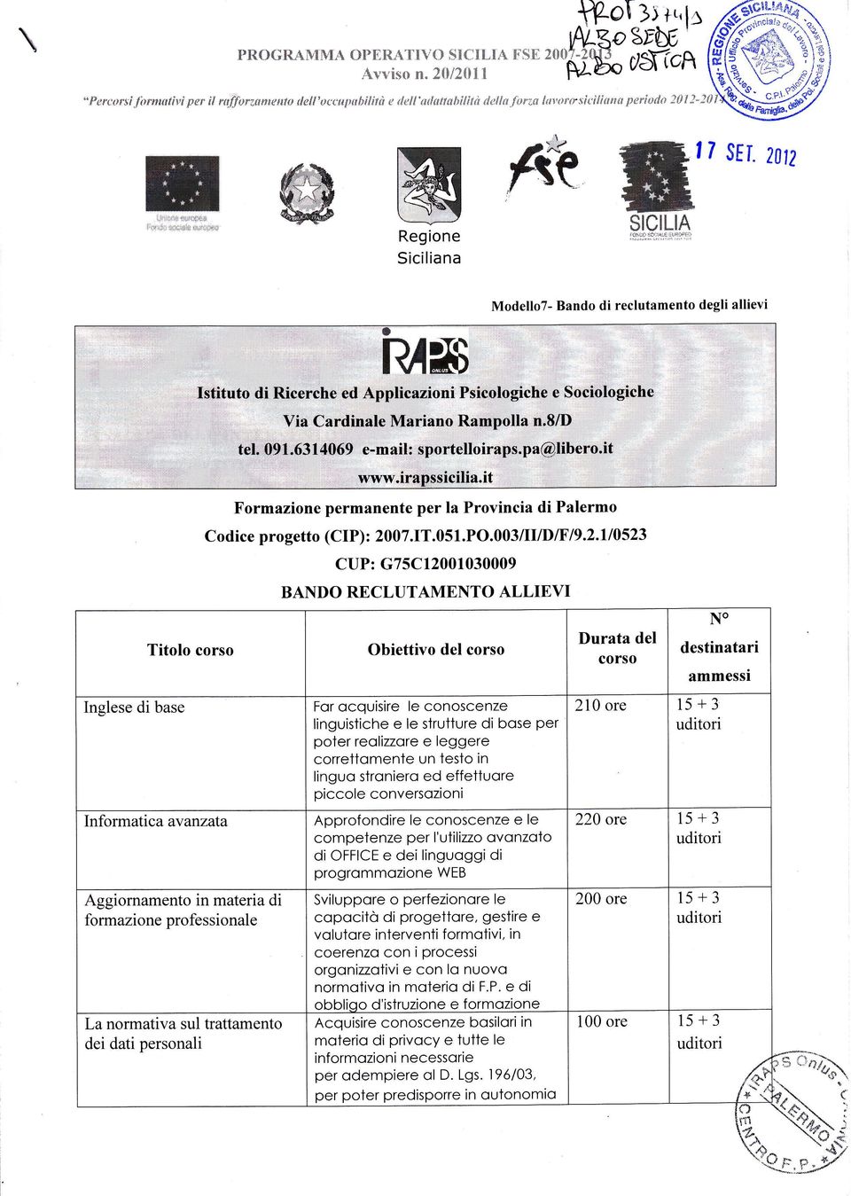 +rieho R ;oilanffd l=i,-:="i.@fftffi69' e-mai.h,*portell@s.pa@lihe o.it....wry,w:i*t$ sicilia.it Formazione permanente per la Provincia di Palermo Codice progetto (CIP) : 2007.IT.05 1.PO.