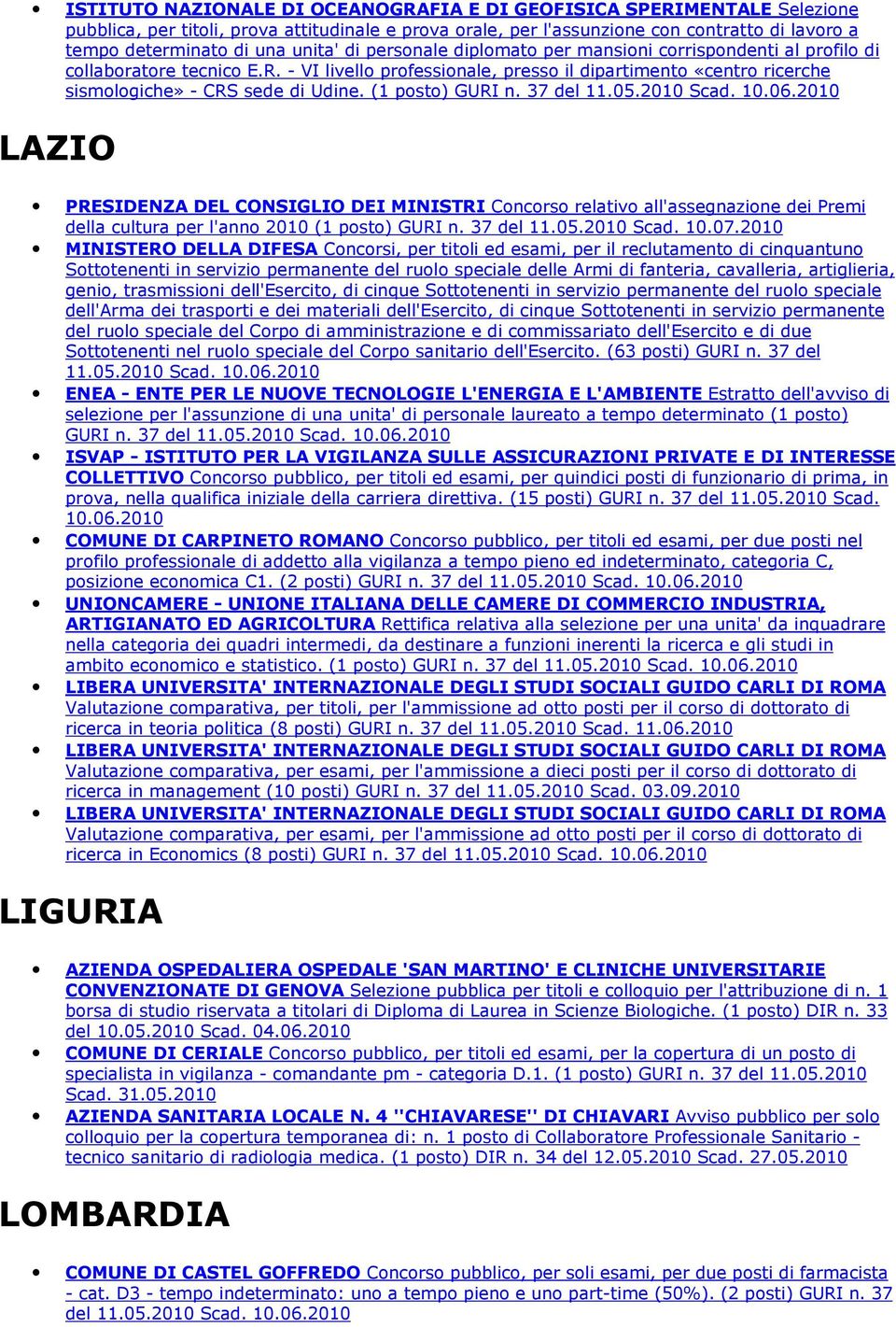 - VI livello professionale, presso il dipartimento «centro ricerche sismologiche» - CRS sede di Udine. (1 posto) GURI n. 37 del 11.05.2010 Scad. 10.06.