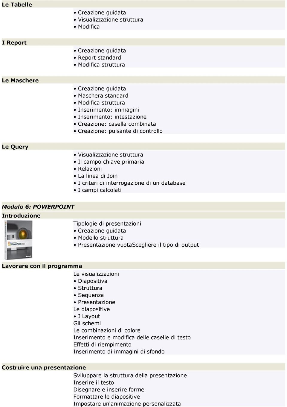 criteri di interrogazione di un database I campi calcolati Modulo 6: POWERPOINT Tipologie di presentazioni Creazione guidata Modello struttura Presentazione vuotascegliere il tipo di output Lavorare