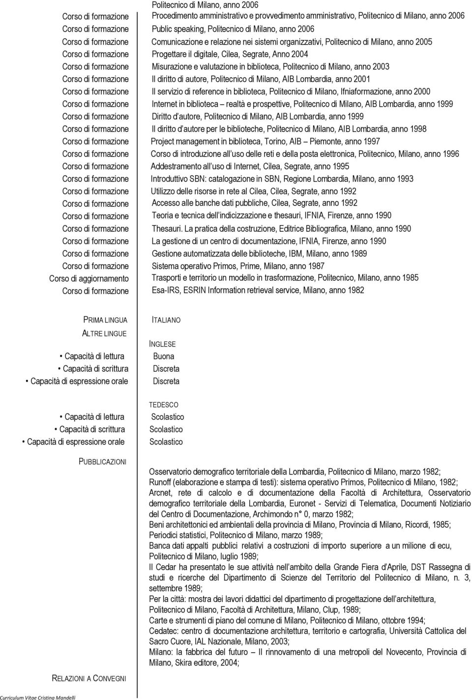 di formazione Misurazione e valutazione in biblioteca, Politecnico di Milano, anno 2003 Corso di formazione Il diritto di autore, Politecnico di Milano, AIB Lombardia, anno 2001 Corso di formazione