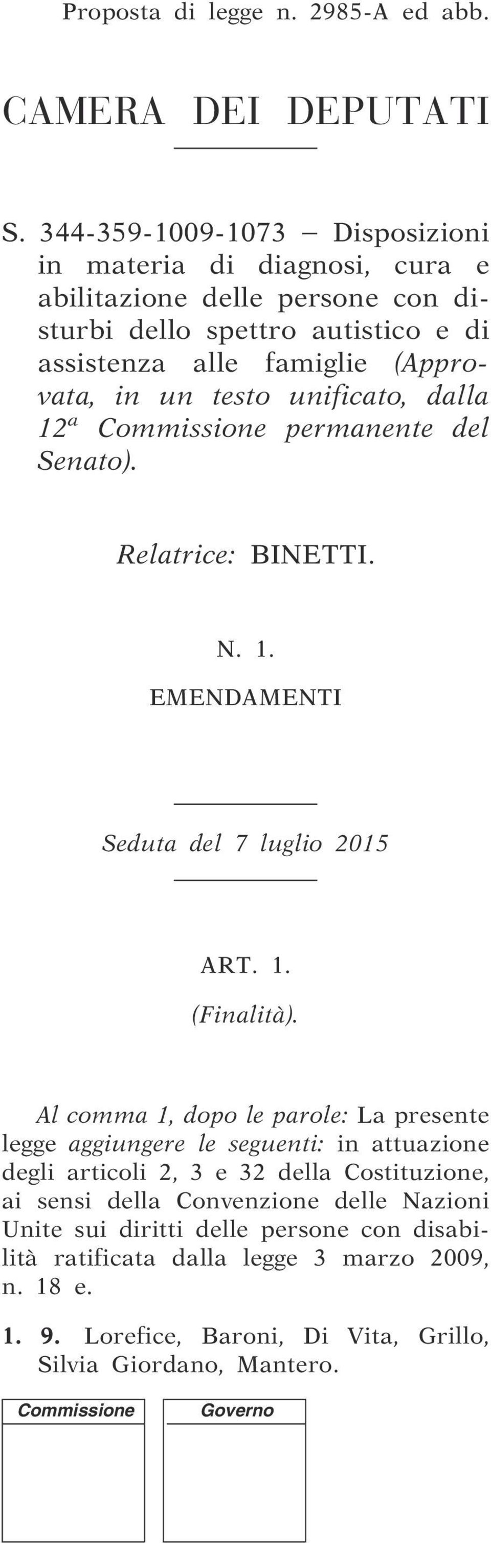 testo unificato, dalla 12 a permanente del Senato). Relatrice: BINETTI. N. 1. EMENDAMENTI Seduta del 7 luglio 2015 ART. 1. (Finalità).