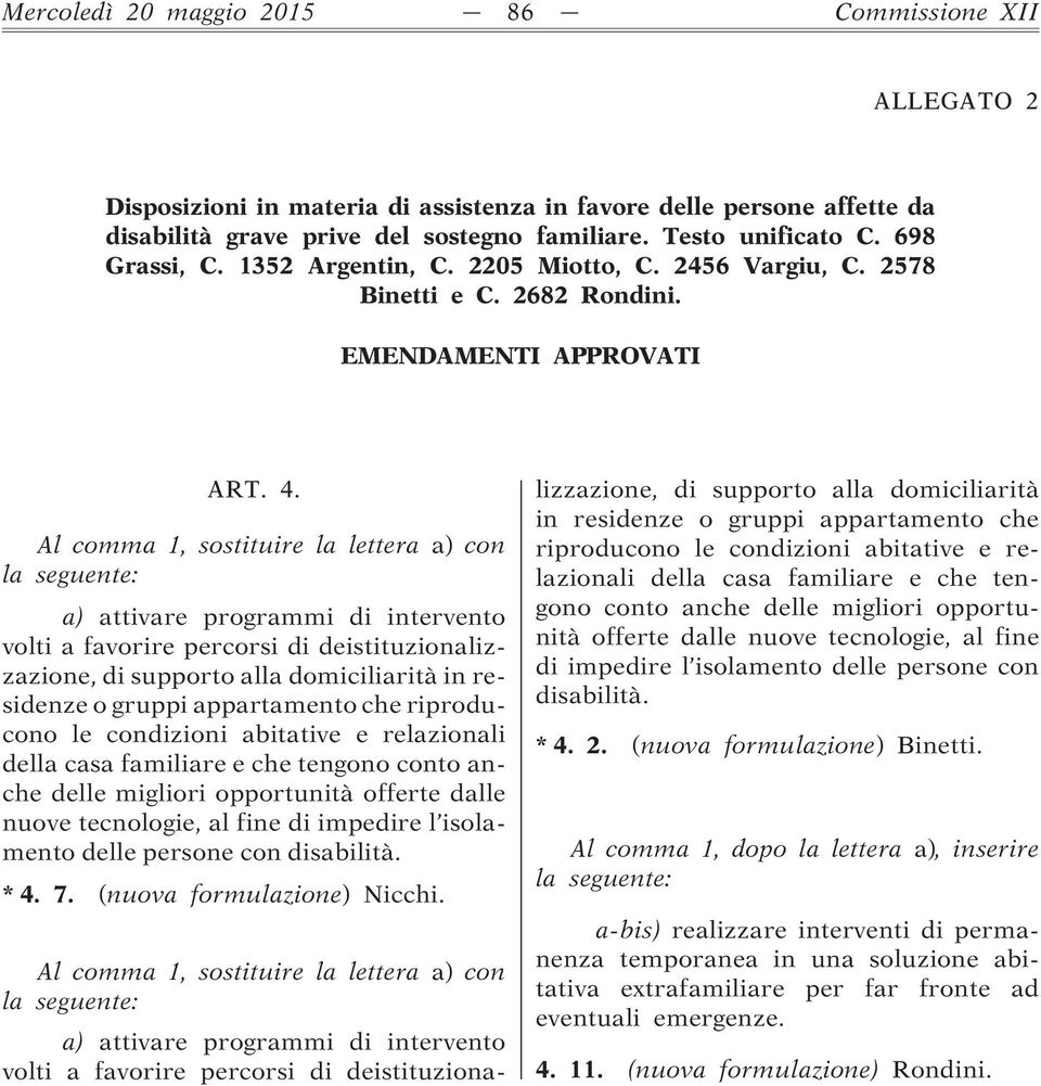 Al comma 1, sostituire la lettera a) con a) attivare programmi di intervento volti a favorire percorsi di deistituzionalizzazione, di supporto alla domiciliarità in residenze o gruppi appartamento